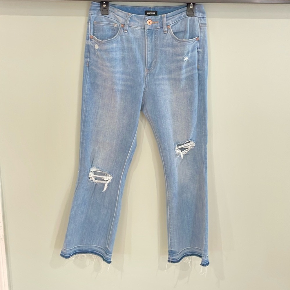 Express Distressed Cropped High-Rise Flare Jeans.
